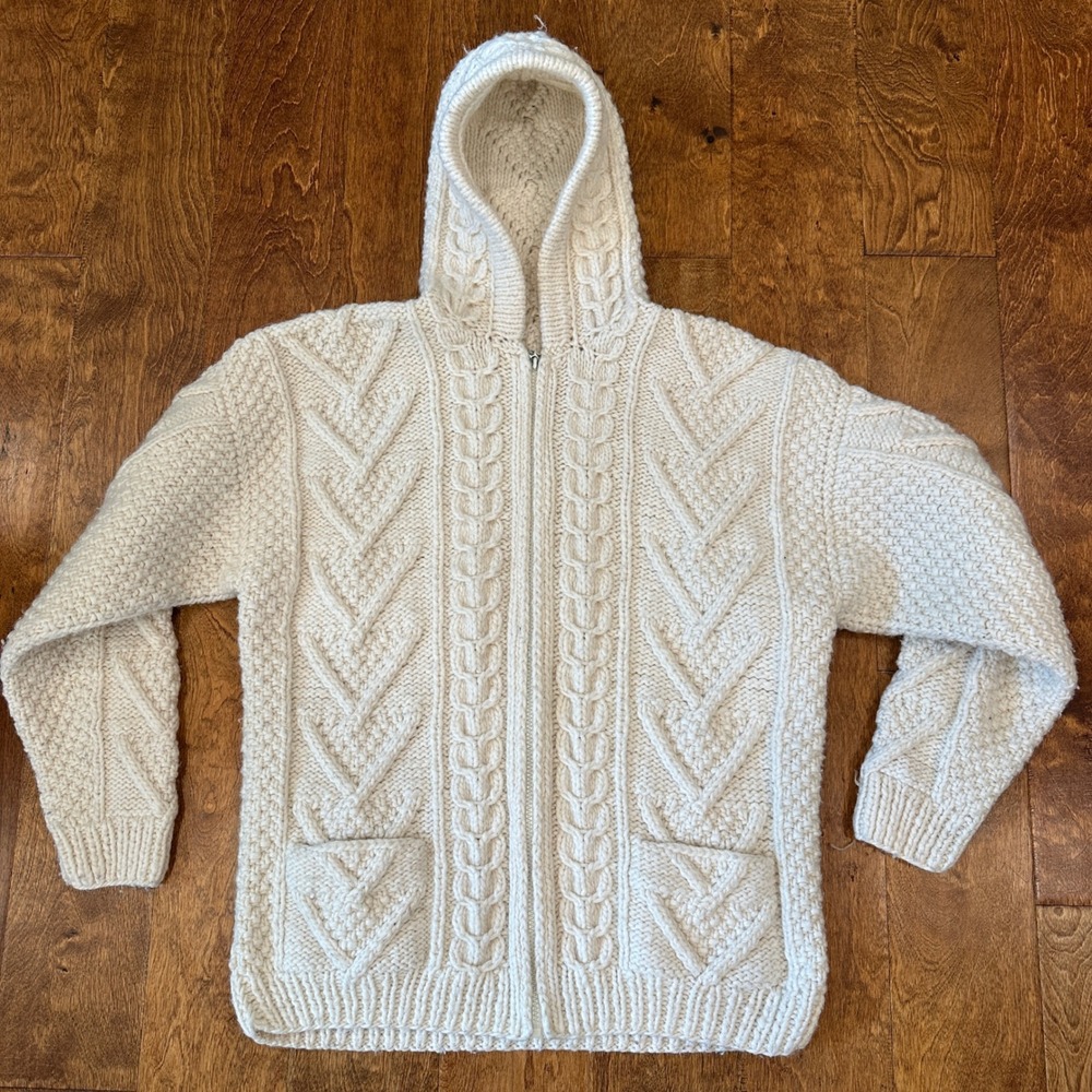 Handmade Cable Knit Zip Hoodie L Cream Wool Fisherman Sweater Grandmacore Boho